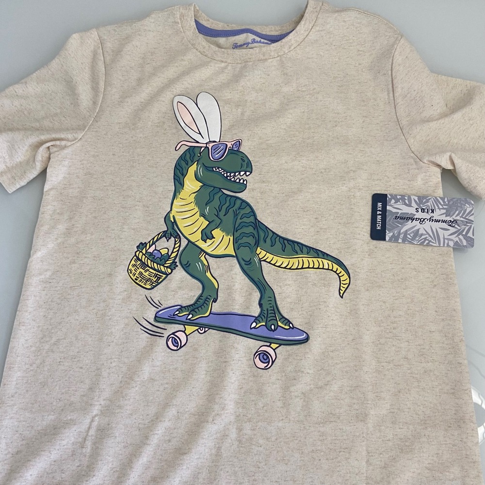 Tommy Bahama Boys Medium 7/8 Oatmeal T-Shirt New Easter T-Rex Skateboard Graphic